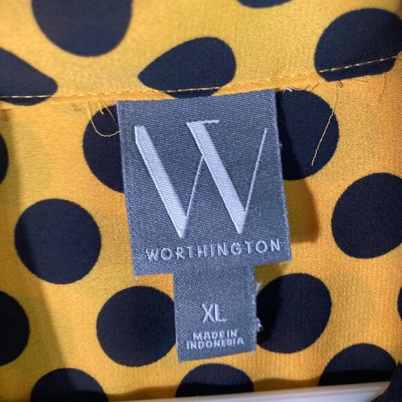 Womens Worthington V Neck Tie Polka Dot Blouse Gold Black XL Polyester‎ - Picture 9 of 11